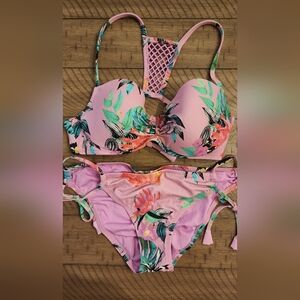 Shade N Shore pink floral 2 pc bikini crochet accent 36B